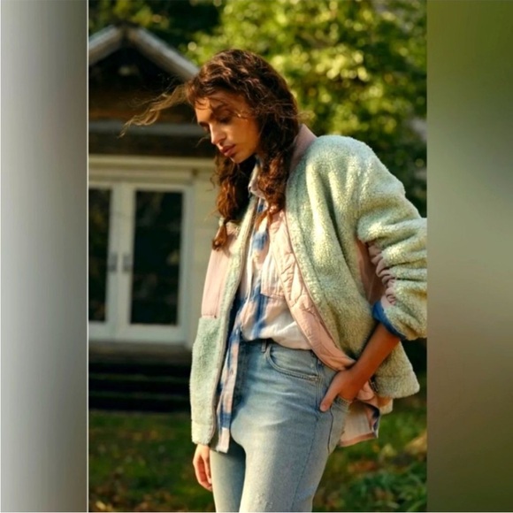 Free People Rivington Sherpa Jacket Green Pink - Picture 14 of 14